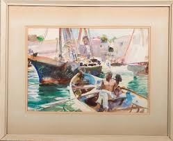 Lot - JOHN WHORF, (American, 1903-1959), ROWERS IN A HARBOR, watercolor, sight: 14 x 20 in.