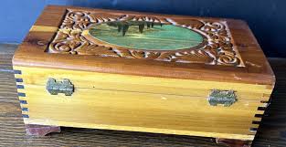 Vintage Hand Carved Cedar Jewelry Trinket Box Water Scene W/Mirror & Lock & Keys | eBay