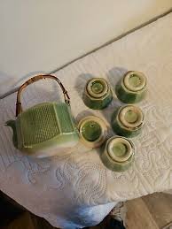 Patina Vie Vintage Celadon Tea Pot w Ratan Handle Includes 4 ...