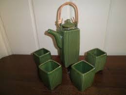 Japanese porcelain Tea Pot Cup Set Green Bamboo reeded arts ...