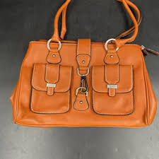Brown Orange Vegan Leather Shoulder Bag Double Handle ...