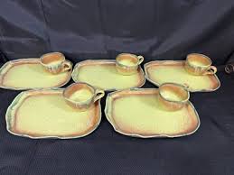 Set of 5 ~ Hoffman Pottery "LEAF" Celadon Green ~ Lunch Plates w/Cups | eBay Australia
