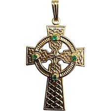 10K Yellow Gold Celtic Cross Pendant with Green Faceted ...