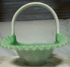 FENTON"GLASS"SRC"10"GREEN OVERLAY"BEADED MELON"711"BASKET"MINT+PRF~VINTAGE~1940s | eBay