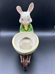 Vtg Ceramic Hand Painted Bunny In Suit Pushing Wheelbarrow Egg Holder/planter | eBay