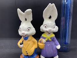 Set of 2 Ceramic Hand Painted Bunny Rabbit Male Smoking Pipe Girl W/ Basket | eBay