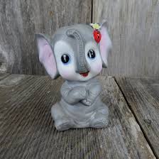 Vintage Elephant Bank Ceramic Bisque Taiwan Grey Flowers ...