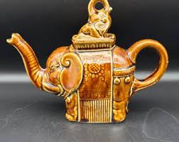 Vintage Ceramic Elephant Teapot: Brown Glazed Pottery ...