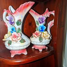 Dining | Two Vintage Ceramic Pitchers Whitepink With Applied Flowers And Glazed Foot | Poshmark