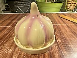 Garlic Ceramic Onion Roaster Keeper Baker Ivory Purple Kitchen Glass Dish 4.5