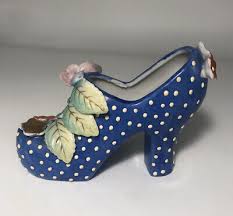 Vintage 1940-1950 Japan BLUE CERAMIC HIGH HEEL SHOE VASE Polka Dots & FLORAL | eBay