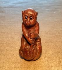 Japanese Boxwood Netsuke Figurine - Monkey on Apple - Signed ...