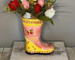 Ceramic Rainboot Tulip Arrangement: Pink & Yellow Floral ...