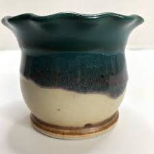 Stoneware Vase Signed Hand Thrown Art Pottery Turquoise Purple Scalloped Edge | eBay