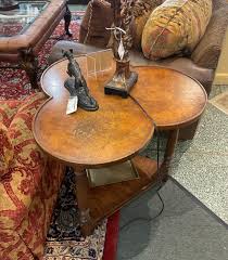 Hekman Furniture Clover Accent Table made from oak with a two tier design and burled trefoil walnut top. Well loved but otherwise a beautiful side table.