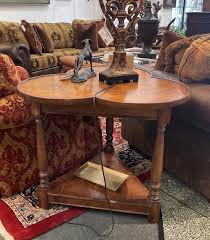 Hekman Furniture Clover Accent Table made from oak with a two tier design and burled trefoil walnut top. Well loved but otherwise a beautiful side table.