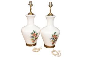 White Floral Ceramic Table Lamps, a Pair | Chairish