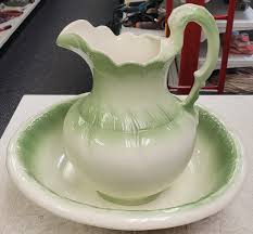 Vintage Wash Basin with Pitcher - White/Green – Buy & Sell Outlet