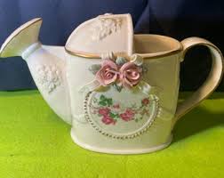 Ceramic Watering Can Planter Vintage Pink Roses and Gold Accents. Excellent Condition! - Etsy