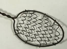 Vtg Green White Bands Wood Handle Kitchen Whisk or Strainer Gadget Twisted Wire