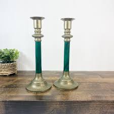 Vintage Green & Brass Candlestick Set - Mid-century Modern ...