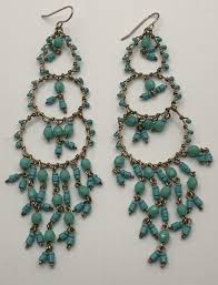 Turquoise Bead & Gold Tone Chandlier Pierced Earrings 4” x 1 ...