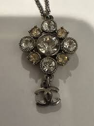 Chanel Crystal CC Logo Pendant Necklace Silver Auth | eBay