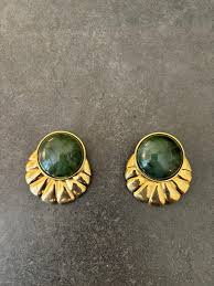 Vintage Malachite Green and Brass Gold Earrings - Etsy