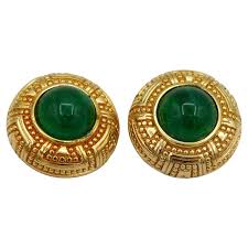 CHRISTIAN DIOR Vintage Gold Tone Green Glass Cabochon Clip ...