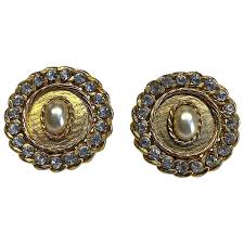 1980s Gold, Rhinestone and Pearl Curb Link Button Earrings For Sale at 1stDibs