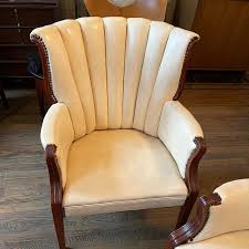 Pair of Cream Vinyl Mahogany Wingback Armchairs at 1stDibs