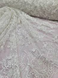 Off White Hand Beaded Floral Lace Fabric: Double Scalloped ...