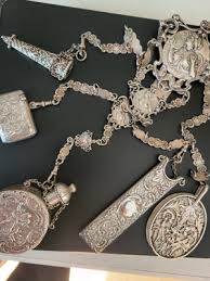 Antique Sterling Silver Chatelaine w Perfume Lady Painters ...
