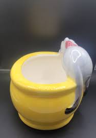 Yellow Lazy Cat Planter Grey/blue Cat With Ribbion Oval ...