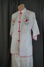 Vintage 1950s White Rayon Pajamas with Coral Embroidery ...