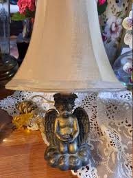 Vintage Cherub Angel Night Lamp: Gold Chalkware Ceramic With Silk Shade - Etsy