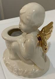 Vtg Off White Scioto Ceramic Cherub Angel Tapered Candle Holder Gold Wings | eBay