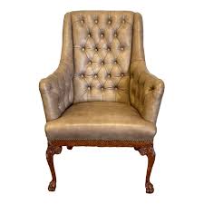 Leather Wing Back Chair With Carved Legs/Apron | Chairish