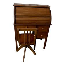 1940s Early Mid Century Child's Roll Top Desk & Swivel Chair - 2 Pieces | Chairish