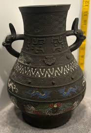 Antique Chinese Bronze Champleve Vase Jug Double Dragon ...
