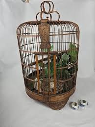 Vintage Large Chinese Wooden Bamboo Bird Cage Hand Carved ...