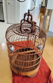 Vintage Chinese Bamboo Song Bird Hand Carved Cage w ...