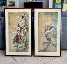Pair Chinese Asian Silk Watercolor 1940s Framed Paintings ...