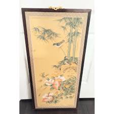Vintage Chinoiserie Yellow Silk Bird Bamboo Painted Wall ...
