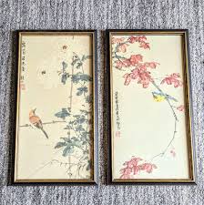 Set of 2 Chinese Paintings, 13½" x 7½" Watercolor Birds ...