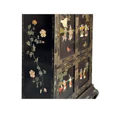 Vintage Chinoiseries Black & Stone Inlay Graphic Credenza Storage Cabinet | Chairish