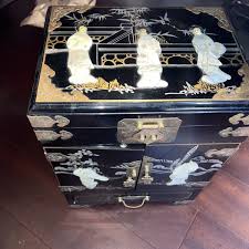 ASIAN BLACK LACQUER JEWELRY BOX 💎 MOTHER OF PEARL GEISHA ...