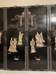 4 Vintage Asian Black Lacquer Mother of Pearl Wall Panels ...