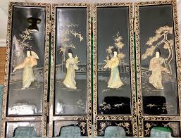 Vintage Wooden Black-Lacquered Geisha 4 Panel Tabletop ...