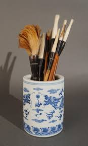 Lot - Chinese Blue and White Porcelain Brush Pot with Eleven Assorted Calligraphy Brushes, H of Pot: 5 1/2 in. (14 cm.)